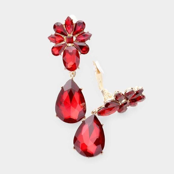 Teardrop Red Crystal Oval Floral Clip On Earrings NWT - Picture 1 of 5